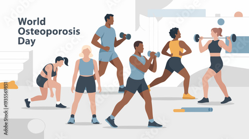 Diverse group of people exercising with dumbbells for world osteoporosis day promoting fitness and bone health awareness