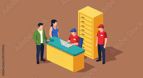 Isometric illustration of people interacting at a yellow counter with a tall filing cabinet in a flat, 2D style with a muted color palette.