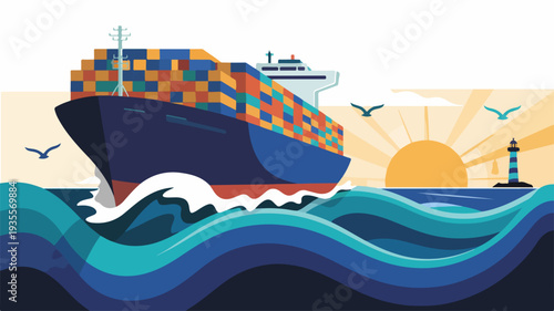 Large cargo ship sailing through ocean waves towards a lighthouse at sunset with seagulls flying overhead