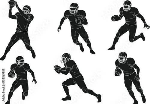 Group of American football players in dynamic poses, offensive and defensive actions, vector
