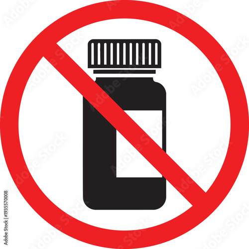 Prohibition sign on medicine bottle, symbolizing restriction on medication, health warning, medical prohibition, healthcare sign