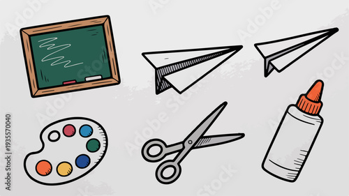 Hand drawn illustration of art supplies and classroom elements including chalkboard paint palette scissors glue and paper planes on white background