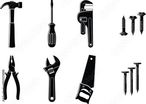 Basic Hand Tool Icons: Simple Black Silhouettes of Essential Implements for Manual Labor and Repair