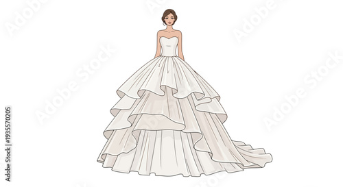 Woman Wearing Elegant White Wedding Dress Illustration.