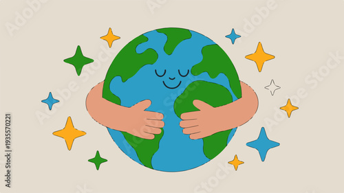 Smiling earth with embracing arms and stars symbolizing global love and environmental care