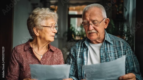 Seniors reading important documents together in their cozy home, showcasing love, attention, and collaboration in their later years. Capturing moments of connection and wisdom.