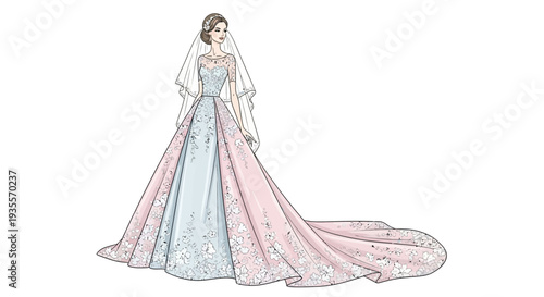 Woman Wearing Elegant Wedding Dress Illustration.