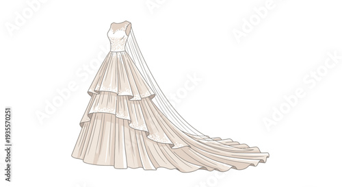 Elegant Wedding Dress with Tiered Skirt and Veil.