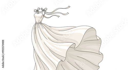 Elegant Wedding Dress Illustration with Flowing Skirt.