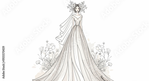 Elegant Bride in Wedding Dress Illustration.