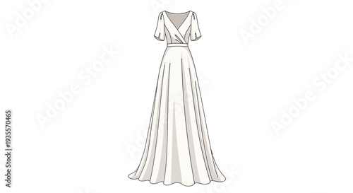 White Wedding Dress Illustration with V Neck.