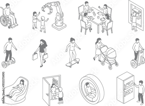 Isometric Lifestyle Illustrations: Family, Technology, Mobility, and Daily Activities