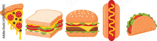 Flat design vector illustration of delicious fast food set including pepperoni pizza slice, club sandwich, beef burger, hot dog with mustard, and mexican taco.
