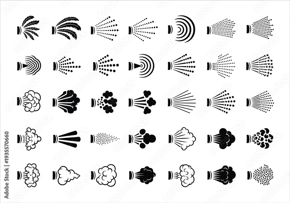 Obraz premium Set of spray effects icons: various types of liquid or particle sprays, mist, puffs, and bursts for design elements.
