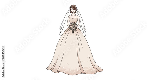 Bride in White Wedding Dress Holding Bouquet.