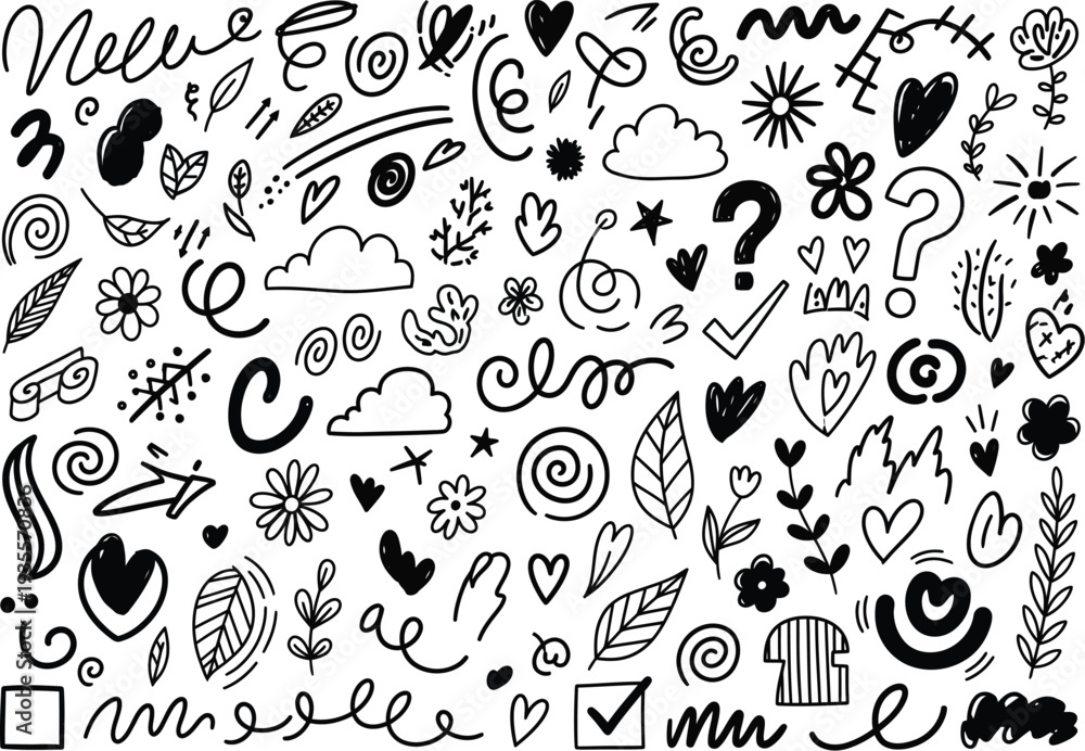 Fototapeta premium Doodle elements collection: hearts, flowers, leaves, clouds, swirls, question marks, and arrows