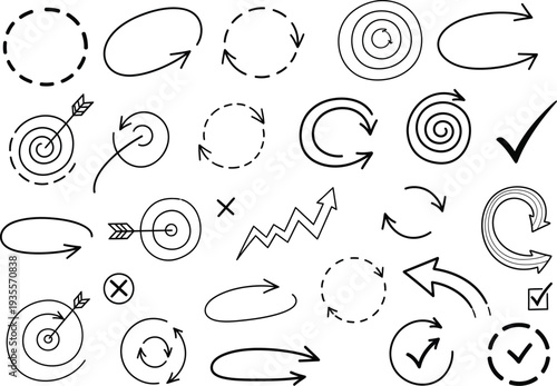 Hand-drawn arrows, targets, circles, and checkmarks, set of abstract navigation and goal icons