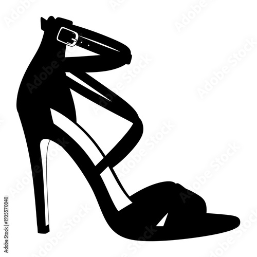 Elegant Black High Heel Sandal Silhouette Isolated on White Background.