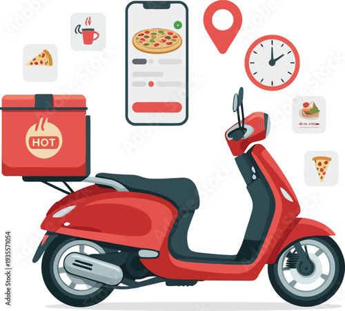 Vintage red scooter vector illustration in retro cartoon style for transportation and delivery theme