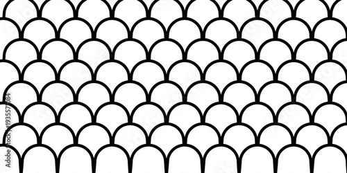 Fish scale wallpaper. Asian traditional ornament with repeated scallops. Repeated black curves on white background. Seamless surface pattern design with semicircles. Grid motif. Digital paper. Vector.
