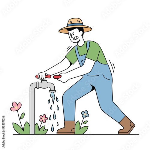 Minimal flat vector illustration of farmer opening water tap to irrigate flowers, gardening and water management concept.