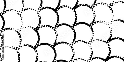 Fish scale wallpaper. Asian traditional ornament with repeated scallops. Repeated black curves on white background. Seamless surface pattern design with semicircles. Grid motif. Digital paper. EPS 10