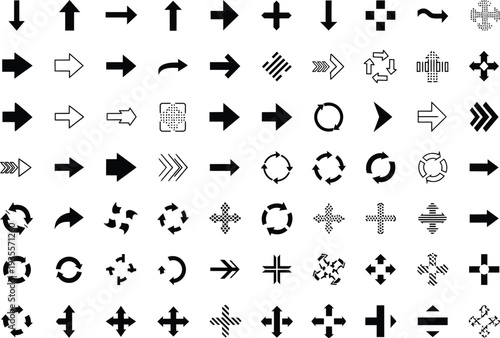 Diverse Collection of Black Arrow Icons and Symbols for Navigation, Direction, and UI Design