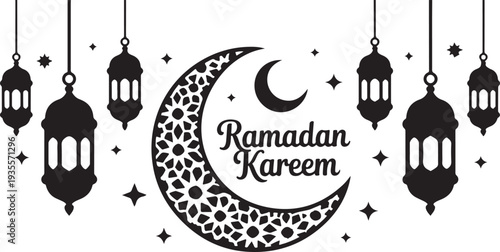 Ramadan Kareem greeting card with crescent moon and lanterns hanging on strings
