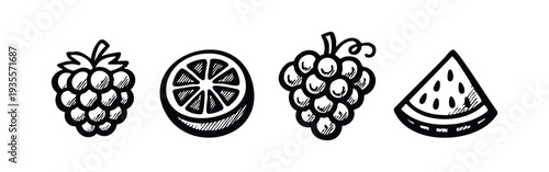 Hand-drawn Fruit and Berry Icons Featuring Raspberry, Orange Slice, Grapes, and Watermelon.