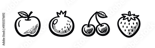 Monochrome Hand-drawn Fruit Icons Set with Apple, Pomegranate, Cherries, and Strawberry.
