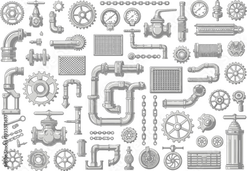 Collection of industrial elements and mechanical parts in a vintage engraving style, featuring pipes, gears, valves, and gauges for engineering or steampunk designs.