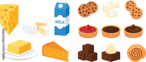 Flat vector illustration set of dairy and bakery products including milk carton, cheese wedges, butter, chocolate chip cookies, fruit tarts, brownies, and cream pastries.