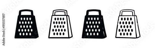 Kitchen Grater Vector Icon Set. Food Preparation Tool Symbols in Silhouette and Outline Styles.