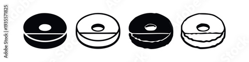 Bagel or Donut Vector Icon Set. Bakery Food Symbols with Rough Edges in Silhouette and Outline Styles.