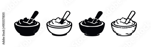 Bowl with Scoop Vector Icon Set. Food Serving Symbols in Silhouette and Outline Styles.