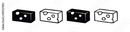 Cheese Block Vector Icon Set. Dairy Food Symbols with Holes in Silhouette and Outline Styles.