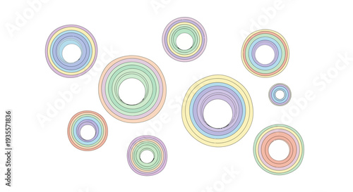 Multicolored concentric circles on white background.