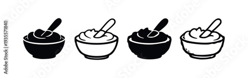 Bowl with Scoop Vector Icon Set. Food Serving Symbols in Silhouette and Outline Styles.