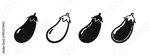 Eggplant Vector Icon Set. Fresh Vegetable Symbols in Silhouette and Outline Styles.