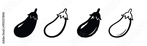 Eggplant Vector Icon Set. Fresh Vegetable Symbols in Silhouette and Outline Styles.