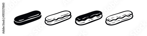 Eclair Icons Set. Collection of eclair pastries in different design styles. Vector illustration.