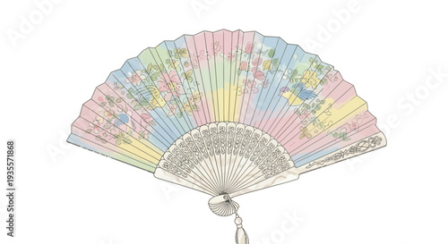 Colorful Handheld Fan with Pastel Hues and White Frame.