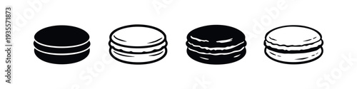 Macaron Icons Set. Collection of round macaron cookies in different design styles. Vector illustration.