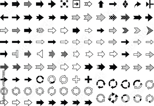 Extensive collection of black and white arrow icons in various styles, including solid, patterned, and outlined arrows, directional pointers, and circular reload symbols.