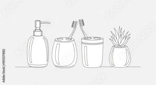Bathroom accessories line art drawing on white background.