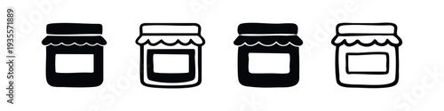 Food Jar Icons. Collection of square jam jars with labels in solid and outline vector styles.