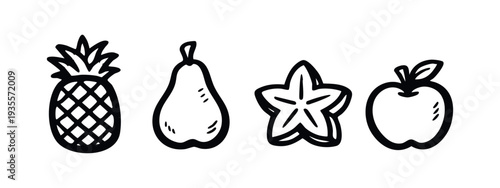 Hand-drawn doodle icons of fresh tropical and common fruits: pineapple, pear, star fruit, and apple. Food set.
