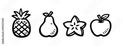 Hand-drawn doodle icons of fresh tropical and common fruits: pineapple, pear, star fruit, and apple. Food set.