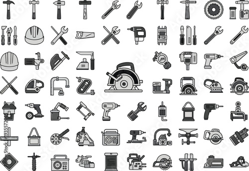Collection of hand-drawn tool icons in grayscale and color, featuring drills, saws, hammers, wrenches, clamps, and safety helmets. A central industrial machine is also depicted.