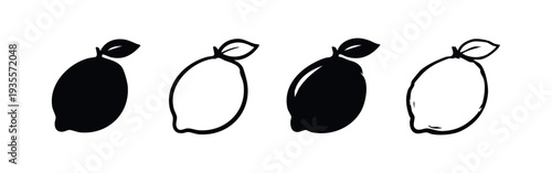 Whole Lemon Fruit Silhouette and Outline Icon Set with Leaf